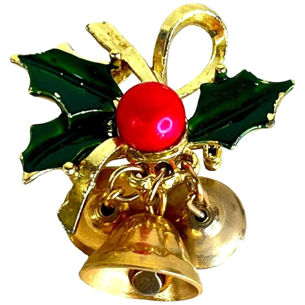 Christmas Brooch Holly Berry 3 Bells Gold‎ Tone Green Enamel Jewelry Pin Vintage